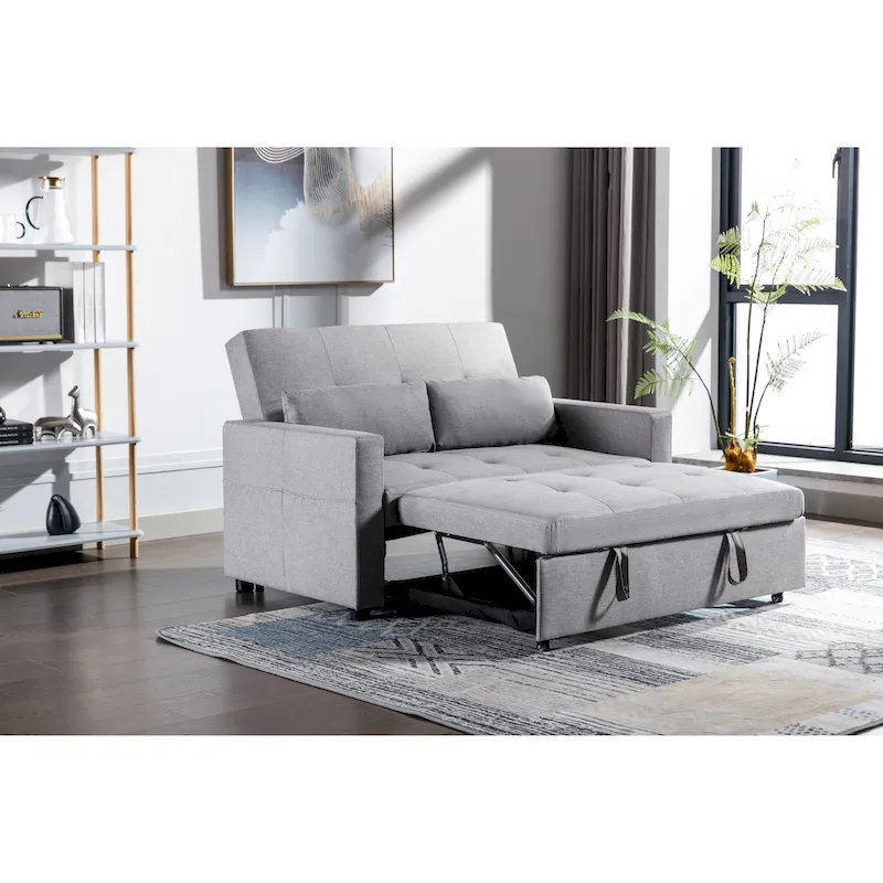 55.12 3-in-1 Linen Loveseat Convertible Sofa Bed with Side Pocket and Pillows