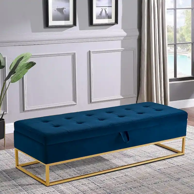 Tufted Velvet Storage Bench with Flip-Up Seat Metal Base