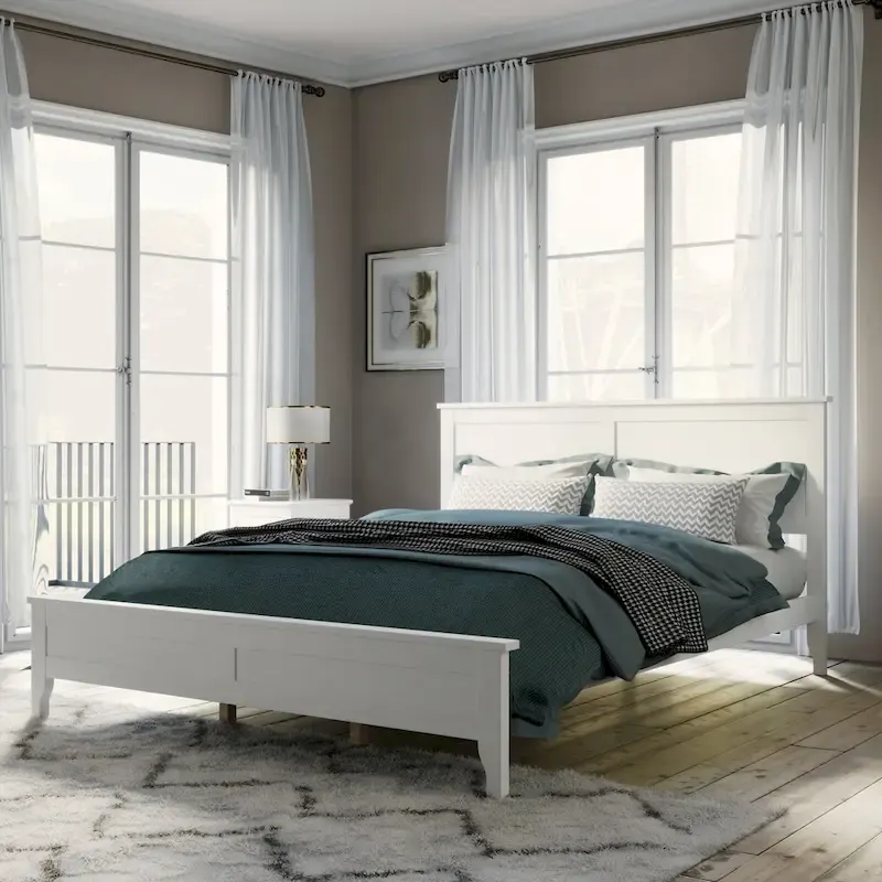 White Pine Wood Platform Bed with Headboard and Tapered Legs