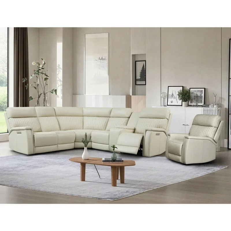 105 W Genuine Leather Power Sectional with Recliner Sofa Set with Single Console, USB&USB-C Ports, 1 Power ArmlessChair