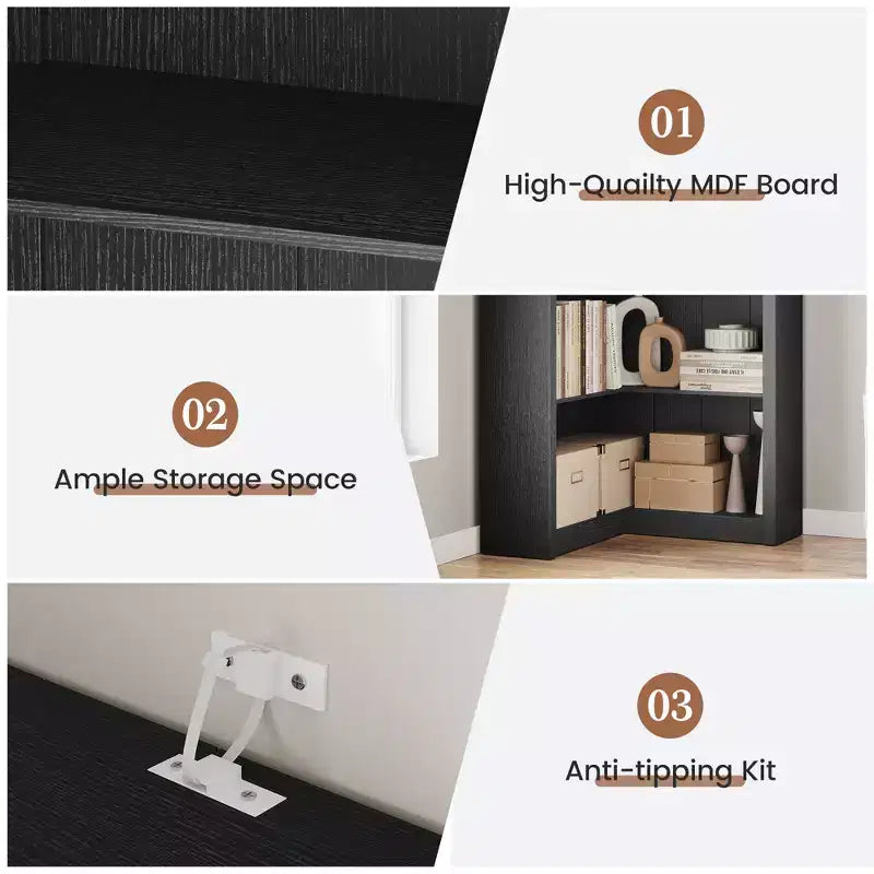 Black/White/Wood/Retro, L-Shaped Corner Bookshelf, 5-Tier, Single