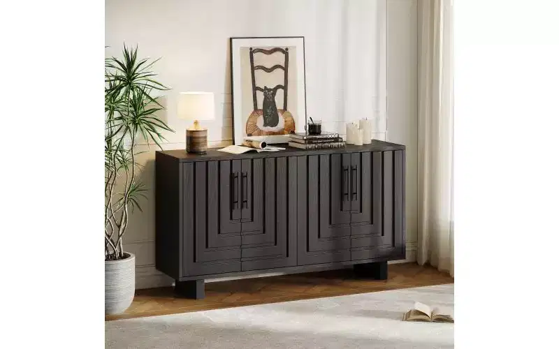 JVNOXK 59-inch modern-style sideboard with four doors, crafted from MDF with ash veneer and metal handles. Ideal for dining rooms. Black