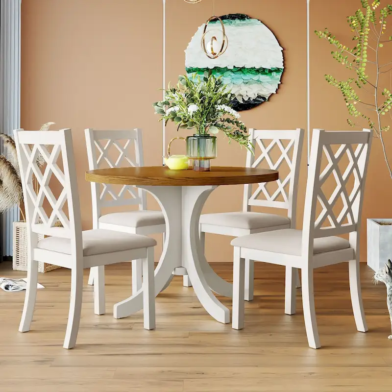 Mid-Century Solid Wood 5-Piece Round Dining Table Set, Kitchen Table Set with Upholstered Chairs, Walnut Table+Beige Chair