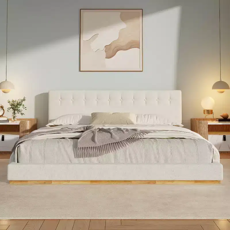 King Size Minimalist Chenille Upholstered Bed Frame, Rubber Solid Wood Legs, White - ModernLuxe