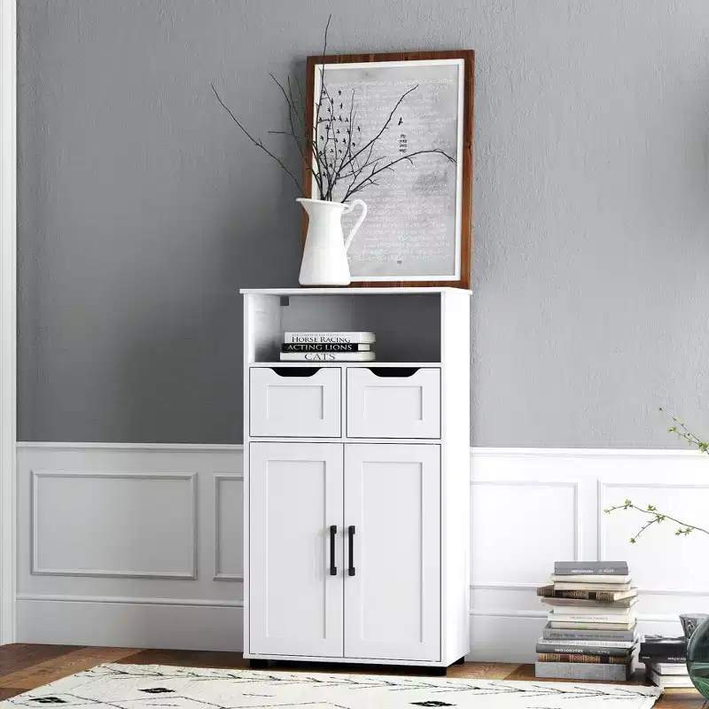 Freestanding Cabinet with Doors and Drawers - Adjustable Shelf Cabinet for Bathroom Essentials, Versatile Design Suitable for Kitchen Pantry White