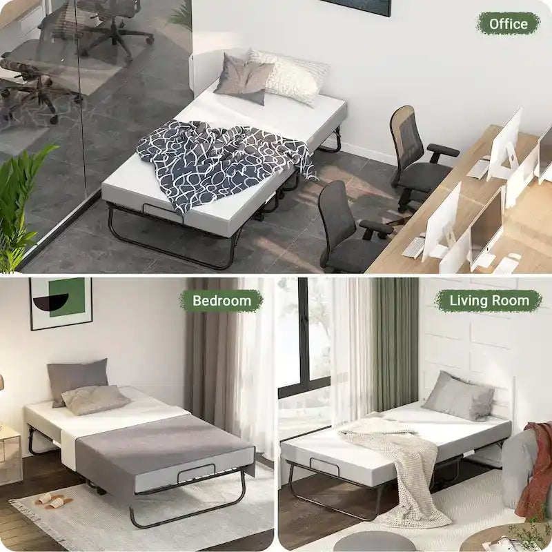 Grey Black Steel Rollaway Folding Guest Bed with 5 Memory Foam Mattress and Wheels for 1 Person