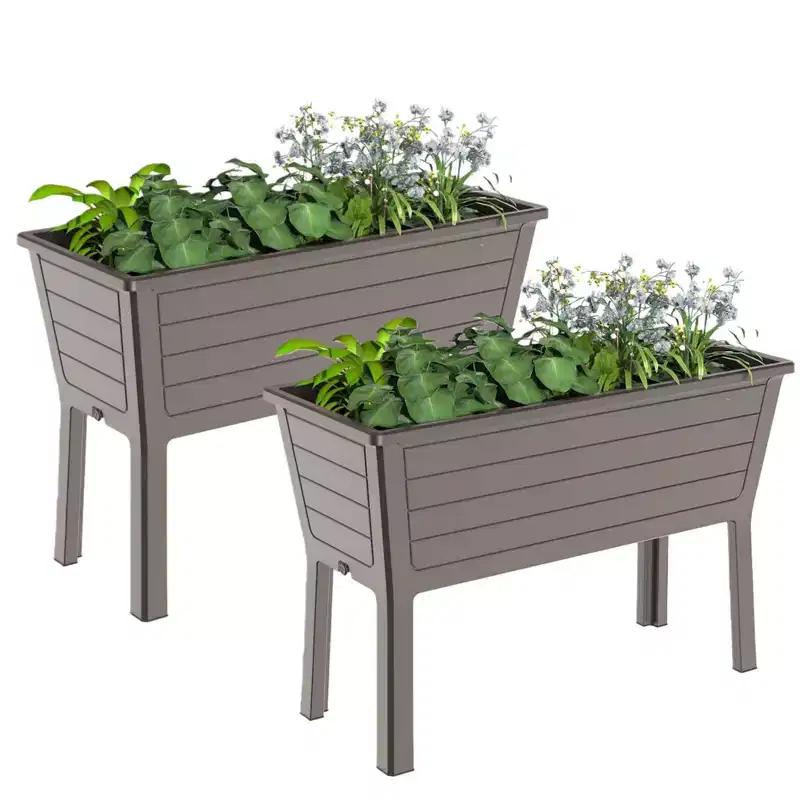 NAYSAYE 2PCS Double Raised Garden Bed Resin Planter Box with Drain Hole and Water Level Detector for Garden Patio Balcony, Brown, 44.33*19.69*29.92