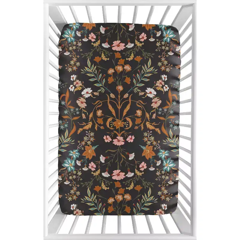 Sweet Jojo Designs Girl Baby Fitted Mini Crib Sheet Boho Floral Wildflower Black Orange and Blue