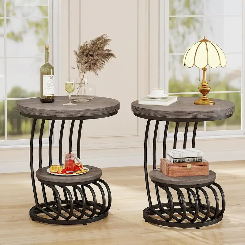 Round End Table, 2 Tiers Side Table for Living Room Bedroom