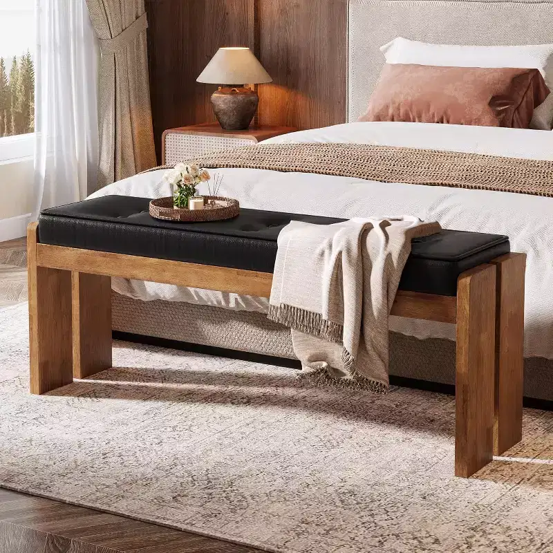 Lantine 47-Inch Solid Wood Entryway Bench, End of Bed Bench with Button-Tufted Leather Pad and Wooden Legs for Living Room, Bedroom, Hallway