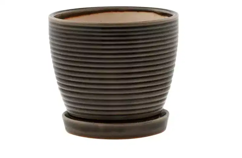 Napco 13924 Ribbed Brown 6 x 6.5 Ceramic Standing Container Garden Planter Pot with Saucer