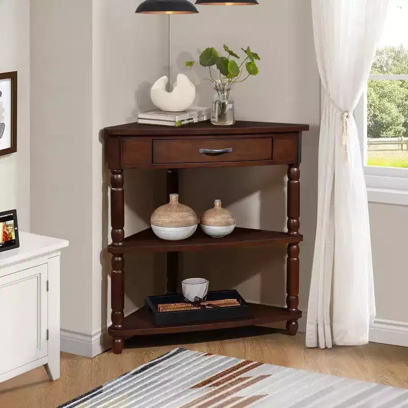 JVNOXK 33.8-inch Compact Triangular Corner Table Wooden Corner Side Table Ideal for Small Spaces/Living Rooms Three Shelves Light Espresso Brown