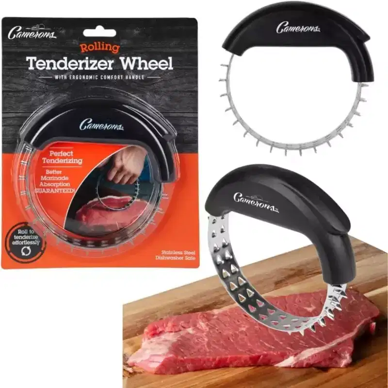 Camerons Rolling Meat Tenderizer BBQ Tool - Stainless Steel Sharp Blades Break Down Tough Tendons in Beef, Poultry, Steak & More - Cookout Essential