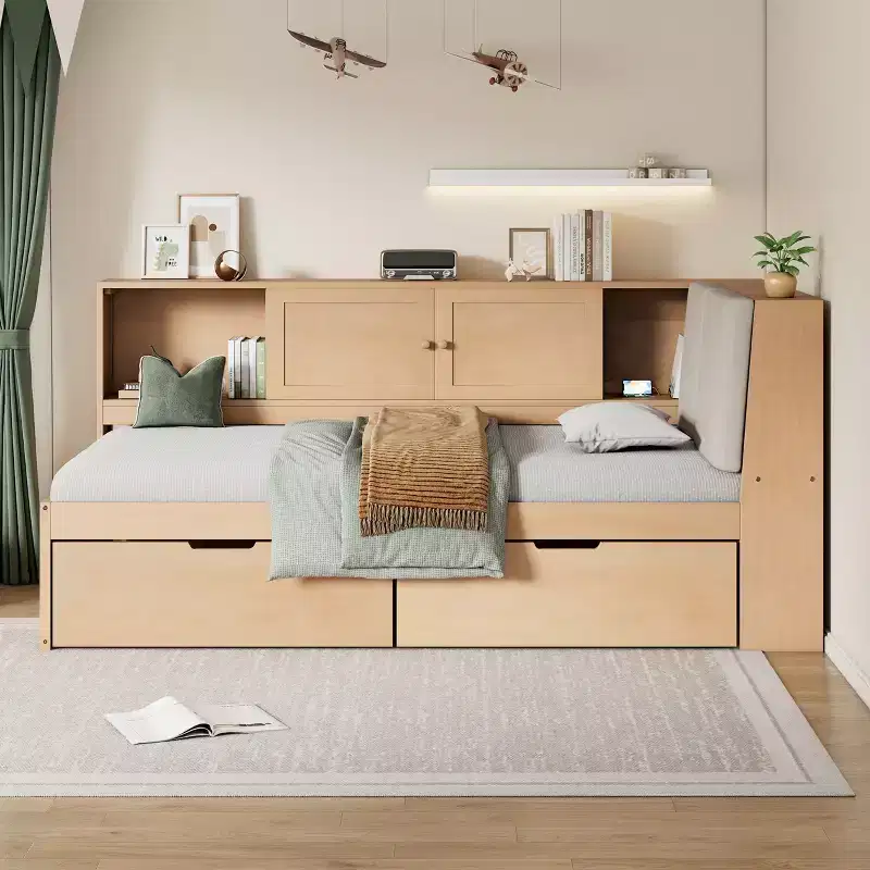 Wooden L-Shaped Daybed with Storage Headboard, USB Ports & Under-Bed Drawers