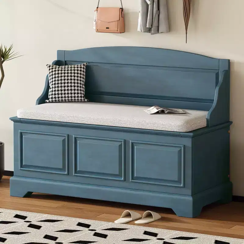 Whisen 41.7L x 17.9W Retro Shoe Storage Bench with Safe Soft-Close Devices, Storage Chest with Hidden Storage and Cushion