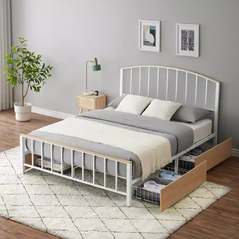 Triangle Plate Bed, Heavy-duty Steel Slats Support, 4 Drawers with 6 cu ft Storage, Anti-scratch & Noise-free Design