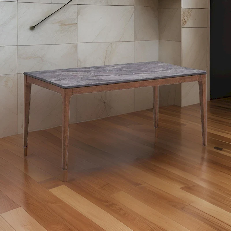 63 Inch Dining Table, Marble Grain Faux Stone Top, Walnut Brown Wood