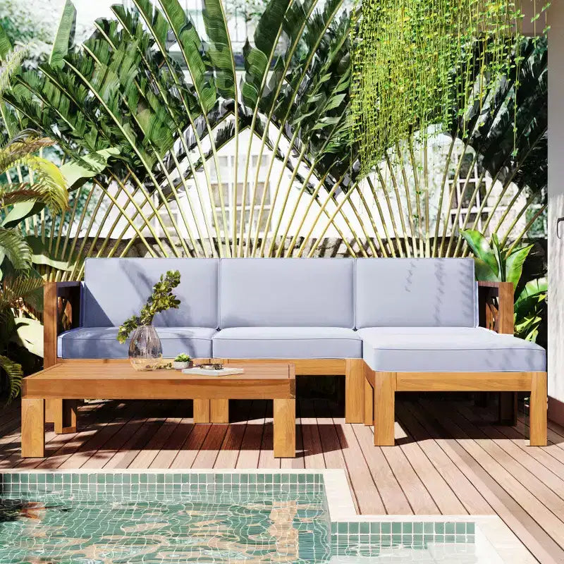 Chic Crate-5-Piece Wood Outdoor Patio Sectional Sofa Set with Water-Resistant Gray Cushions for Backyard, Porch, Deck - Natural Finish