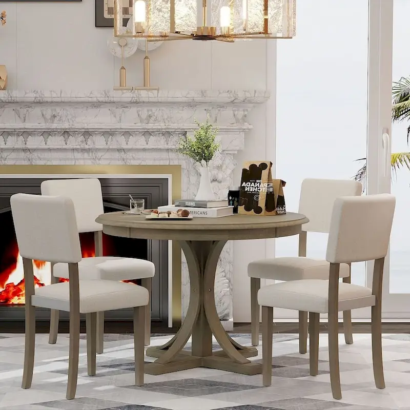 5 PCS Retro Round Dining Table Set for 4 with 4 Upholstered Chairs