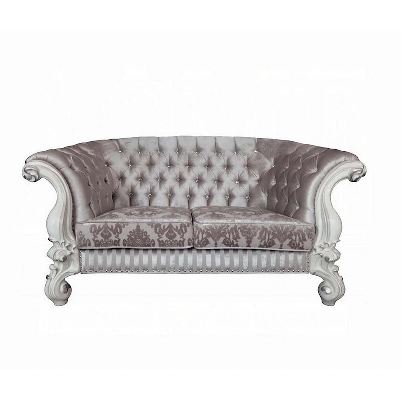 Kai Loveseat, 5 Pillows, Tufted Ivory Fabric, Scrolled, White, 76 Inch