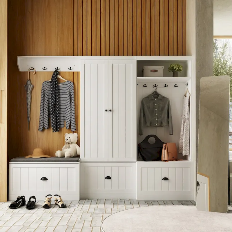 Combo Hall Tree Storage Bench Entryway Shelf Coat Rack Cloest Armoire