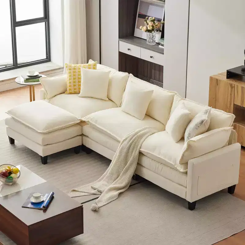 112.2 U-Shaped Sectional Cloud Couch, Modular Sectional Couches Sofa with Movable Ottoman, 3-Seater Chenille Deep Seat Cloud Sofa , Beige
