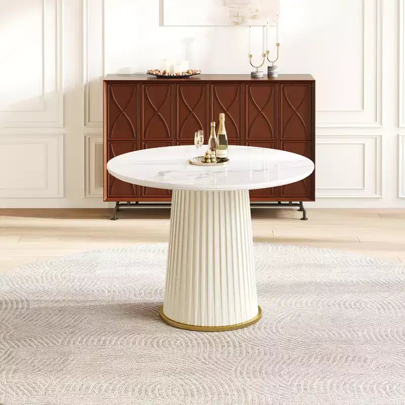 GDFStudio Valenza Modern Round Dining Table with Sintered Stone Top and PU Leather Pedestal