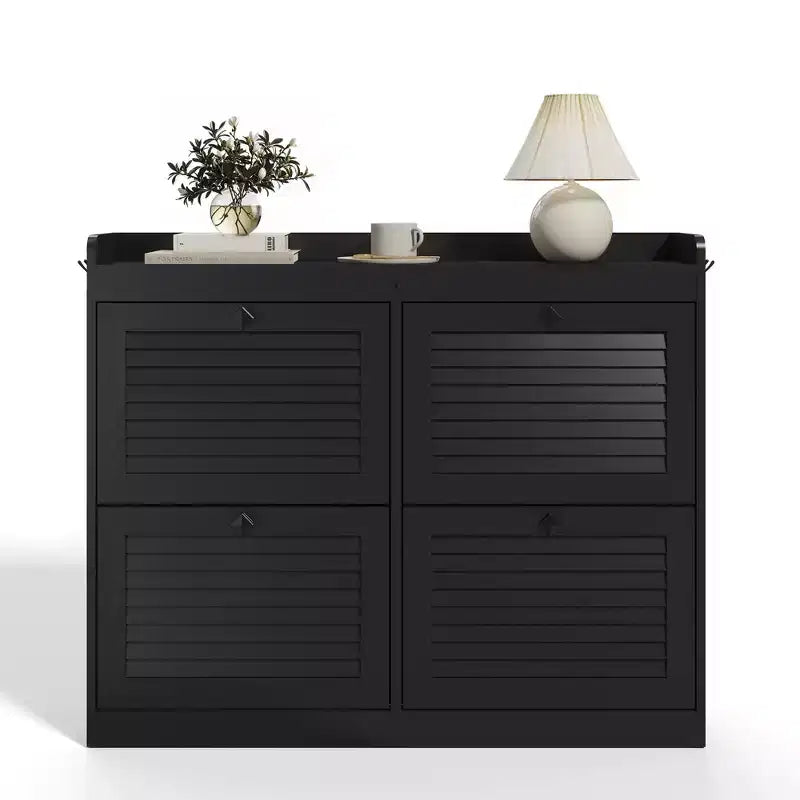 Large Shoe Storage Cabinet with 4 Flip Drawers, Hooks and Top Shelf - Hidden Shoe Organizer for Foyer, Hallway, Living Room