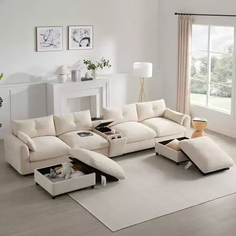 Whisen 136'' Modular U-Shaped Sectional Sofa with Console, Cup Holder, Movable Storage Ottoman
