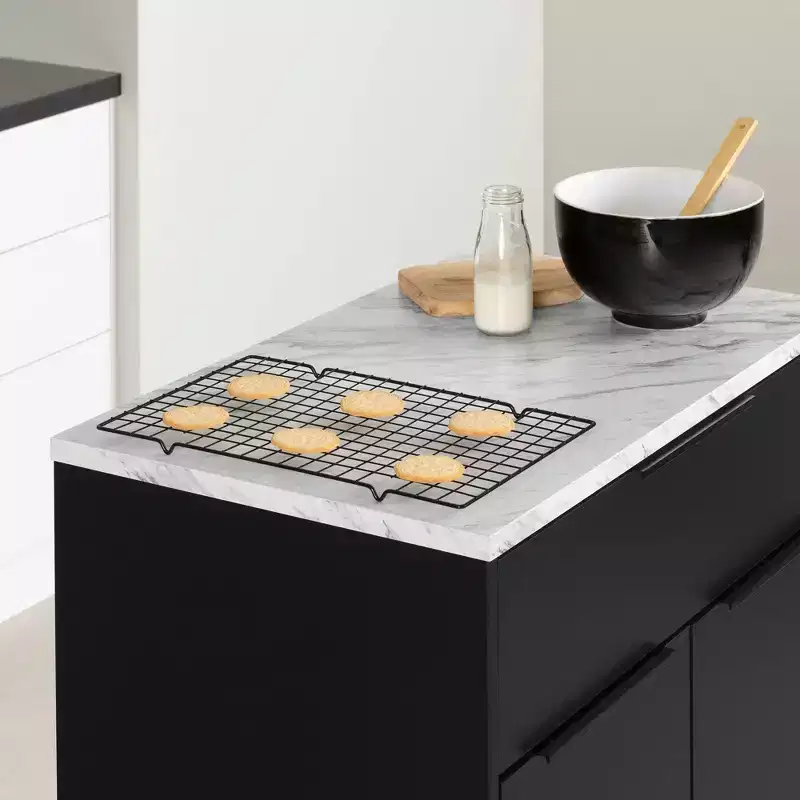 Olio Kitchen Island | Matte Black & Faux White Marble | Storage & Prep Surface