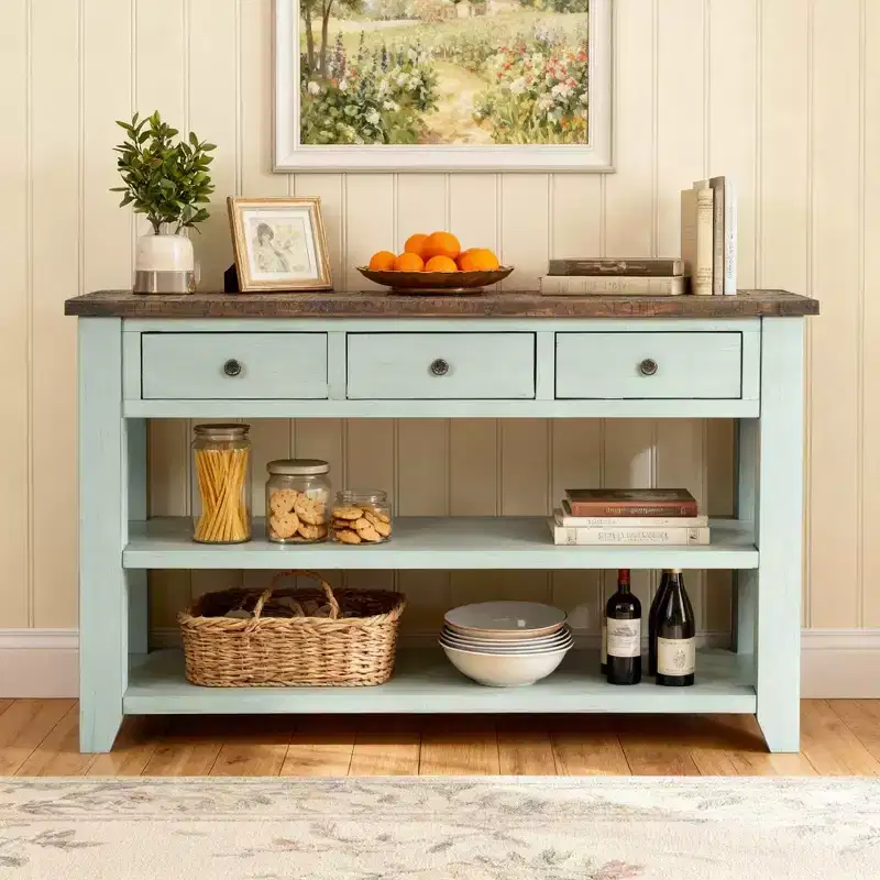 48" Solid Wood Console Table with 3 Drawers & 2 Shelves, Retro Blue & Brown
