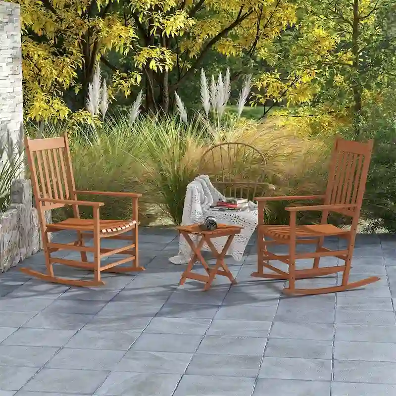 3 Piece Patio High Back Wood Rocking Chair with Side Table and Armrest
