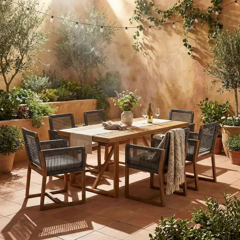 Christopher Knight Home Thrinot Modern 7 Piece Patio Acacia Dining Set with Slatted Table and Rope Design