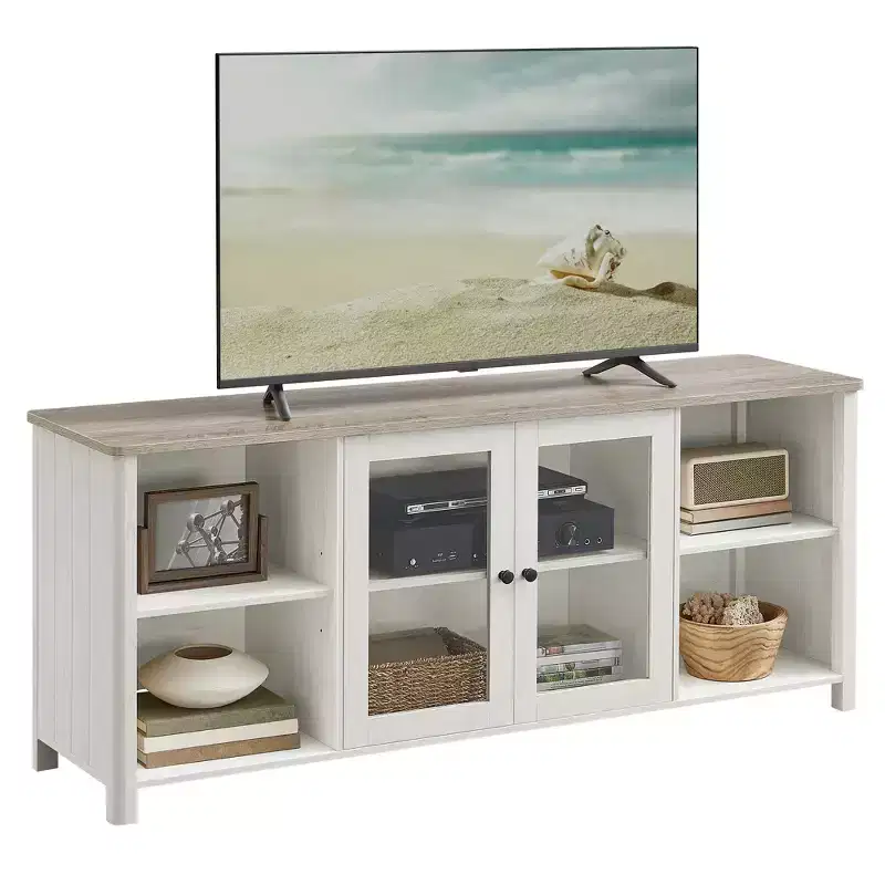 VASAGLE TV Stand for TVs up to 65 Inches, TV Cabinet with Open Shelves, Closed Cabinet, Glass Doors, Rustic White and Heather Greige