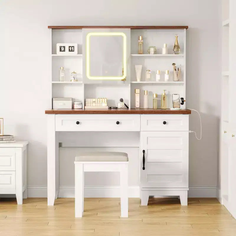 GustoWave Makeup Vanity Desk,Makeup Vanity with Mirror and Lights & Power Outlet, Makeup Table with 2 Drawers and Cushioned Stool, Dressing Table