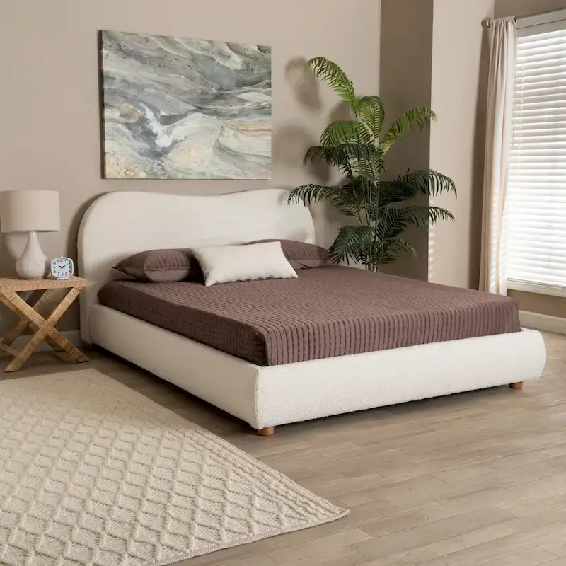 Off White Boucle Mid-Century Platform Bed, Queen, 1-Person