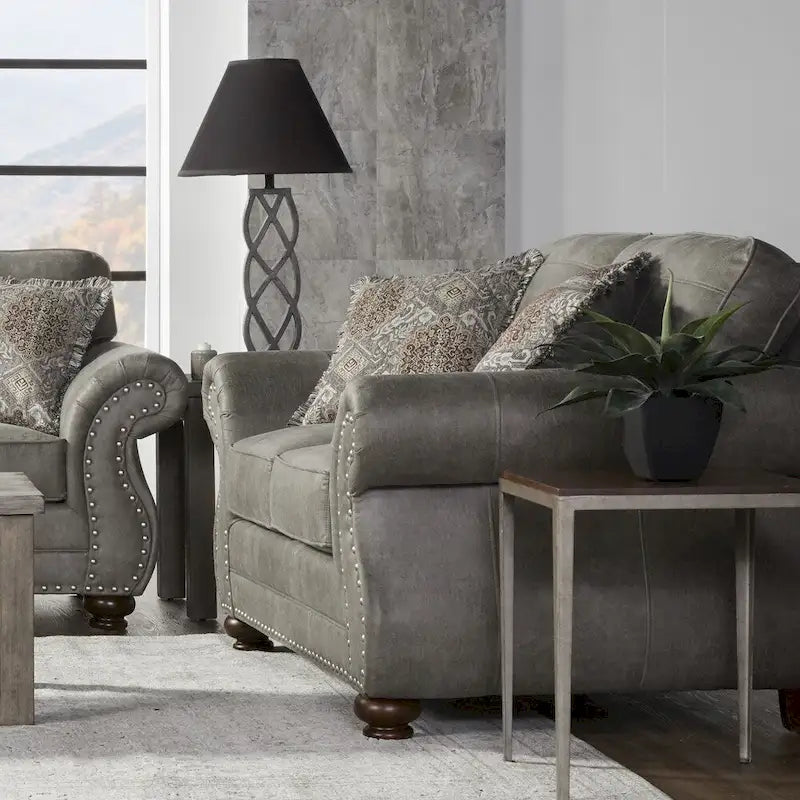 Roundhill Furniture Leinster Stone Grey Faux Leather-upholstered Nailhead Loveseat
