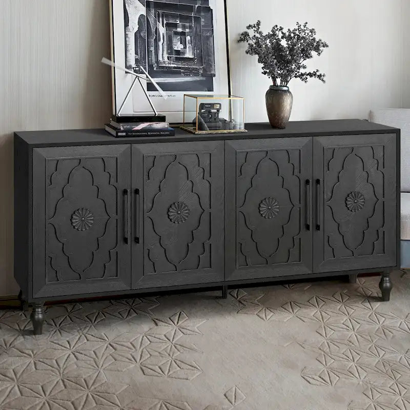 Large Storage Cabinet – Black / Natural Wood, Carved Flower Doors, Metal Handles, Rustic Modern Style
