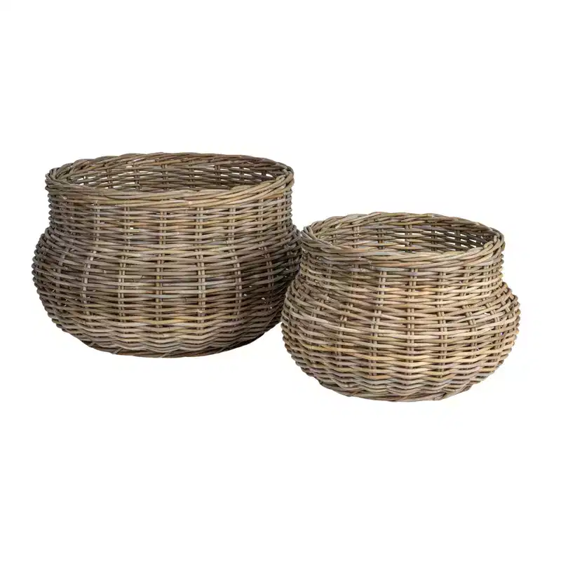 Storied Home Round Hand-Woven Rattan Round Planters, Grey, Set of 2