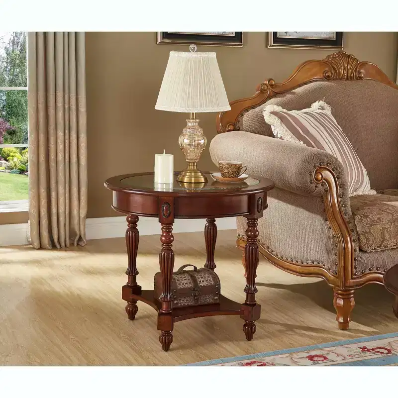 Oval Solid Wood End Table with Glass Top, 28 Inch Wide
