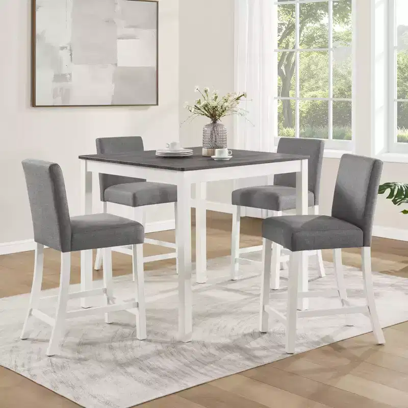 GDFStudio Roseanne 5 Piece Modern Rubberwood Counter Height Dining Table Set with 4 Linen Upholstered Chairs