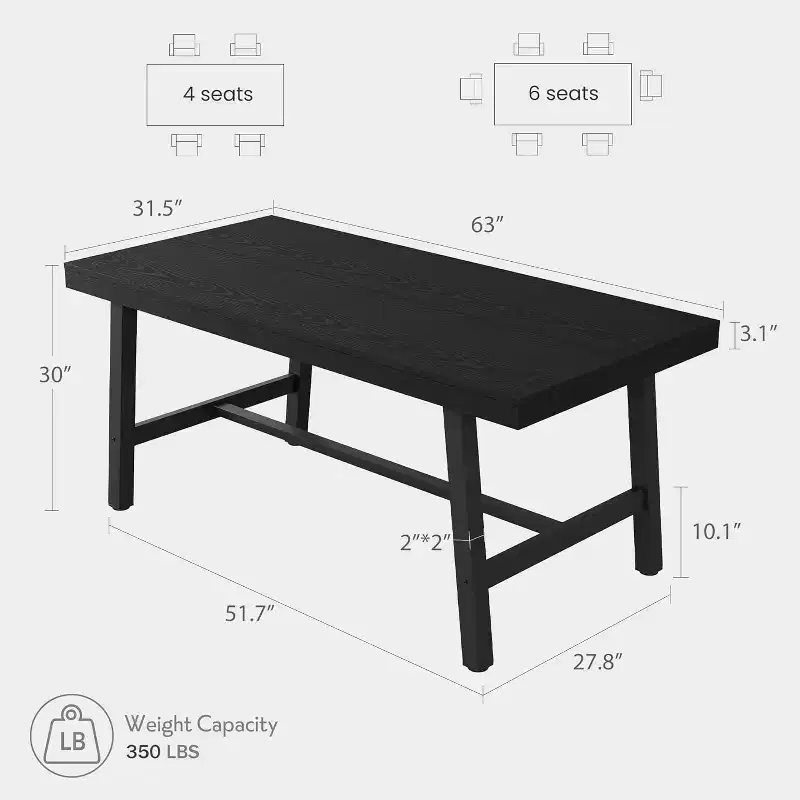 Industrial Dining Table for 4-6 People, 62.99 Large Wooden Kitchen Table with Sturdy Metal Frame, Long Rectangular Dining Table Seats 4 for Dinner