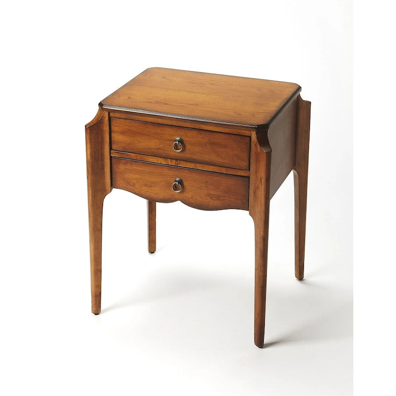 Olive Ash Burl Accent End Table – Brown, Transitional Style, Cherry Veneer Top, 2 Drawers