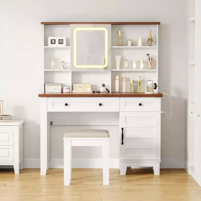 Makeup Vanity Desk,Makeup Vanity with Mirror and Lights & Power Outlet, Makeup Table with 2 Drawers and Cushioned Stool, Dressing Table