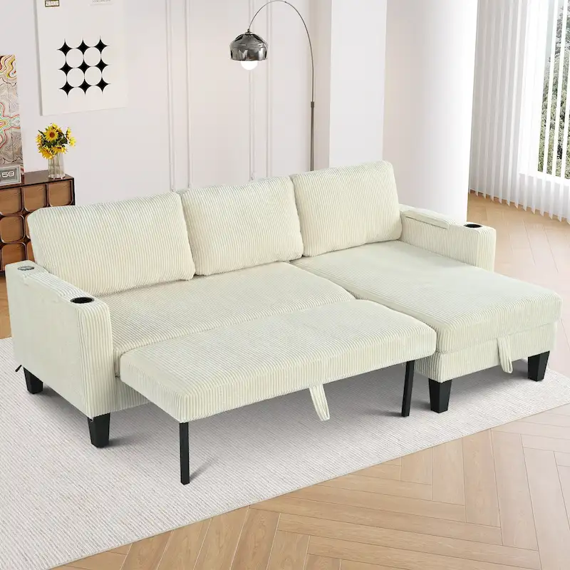 Christopher Knight Home - Reversible Fabric Sleeper L-Shaped Sectional Sofa with Storage Chaise, USB Ports & Cup Holders