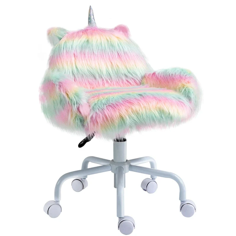 Fluffy Unicorn Office Chair with Mid-Back and Armrest Support, 5 Star Swivel Wheel White Base, Rainbow - Multi-colored