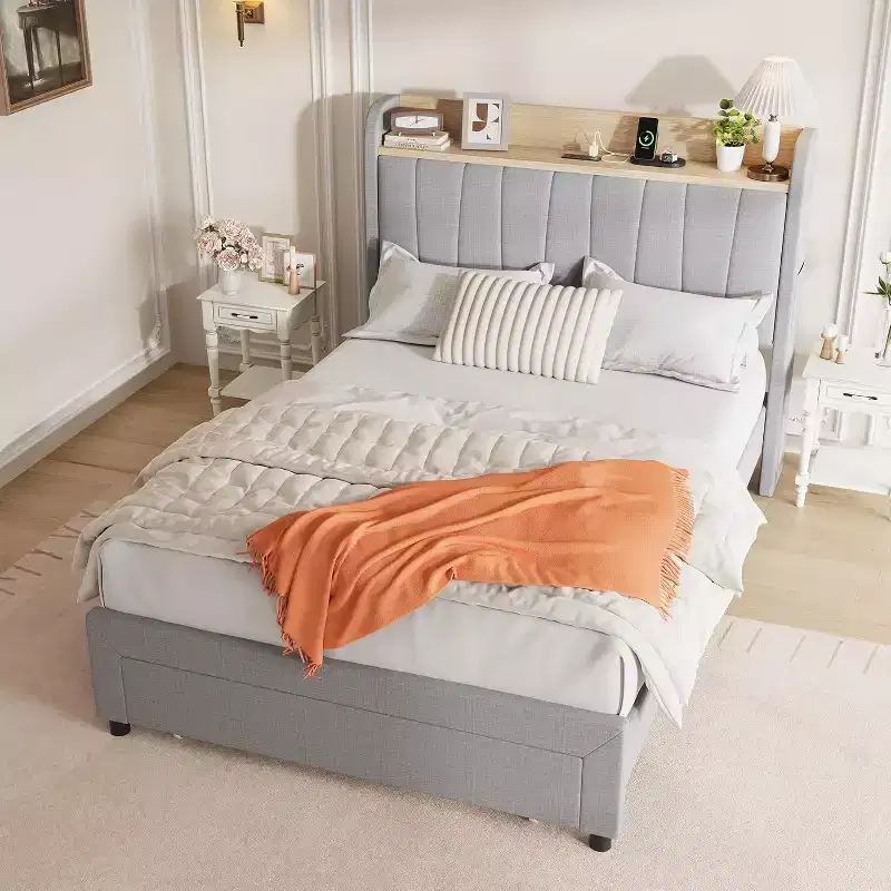 Full Size Bed Frame with Storage Headboard, Metal Platform BedFrame with Large Drawers, No Box Spring Needed, Easy Assembly, Beige