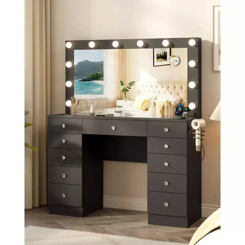 Makeup Vanity with Glass Top, 11 Drawers Vanity with Mirror and 12 LED Lights, Vanity Desk with 3 Lighting Modes Adjustable Brightness
