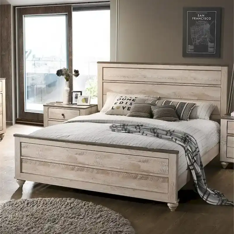Roundhill Furniture Imerland Contemporary White Wash Finish 4-Piece Bedroom Set, King