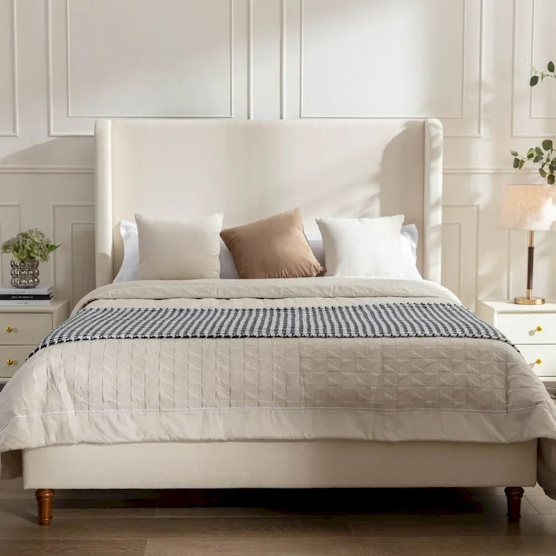 Tall Wingback Boucle Upholstered Bed Frame with Wooden Slat Base